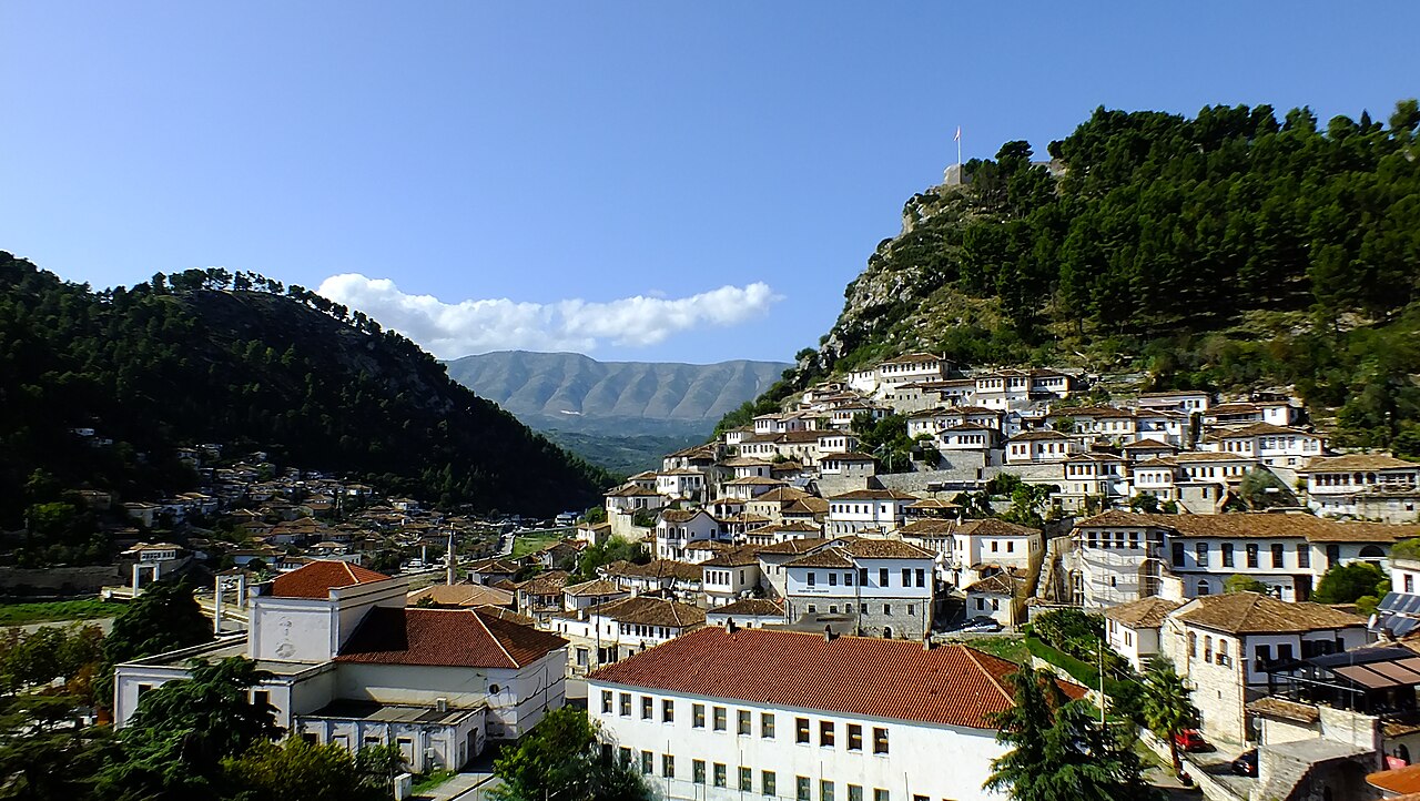 The white Ottoman houses of Berat climbing the hillside below the castle, Albania