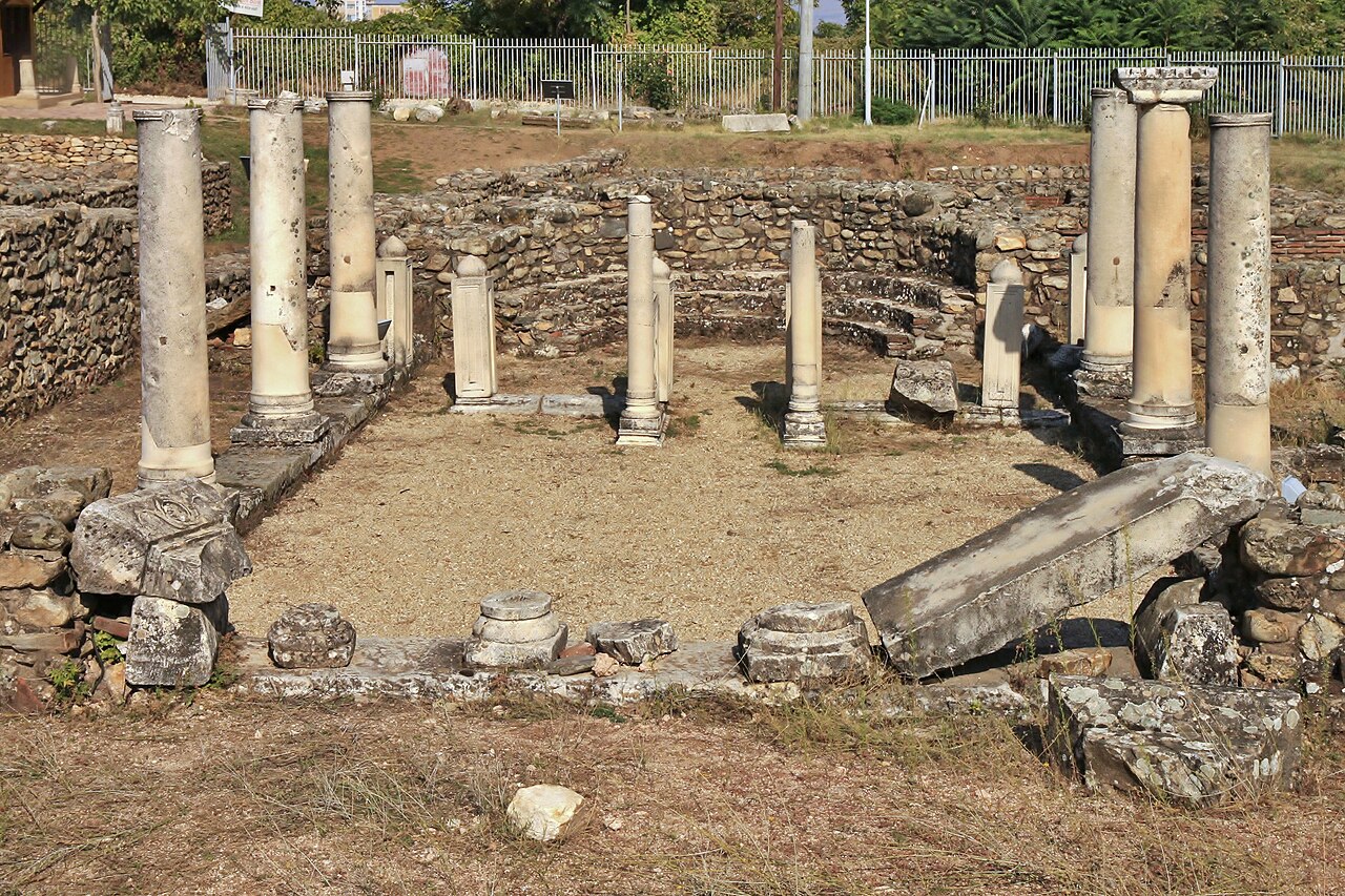 Stone columns and walls of a basilica at the ancient city of Heraclea Lyncestis near Bitola