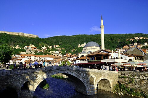 Prizren old town with the Stone Bridge and Sinan Pasha Mosque