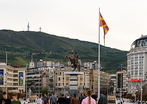 Macedonia Square in Skopje with Mount Vodno behind