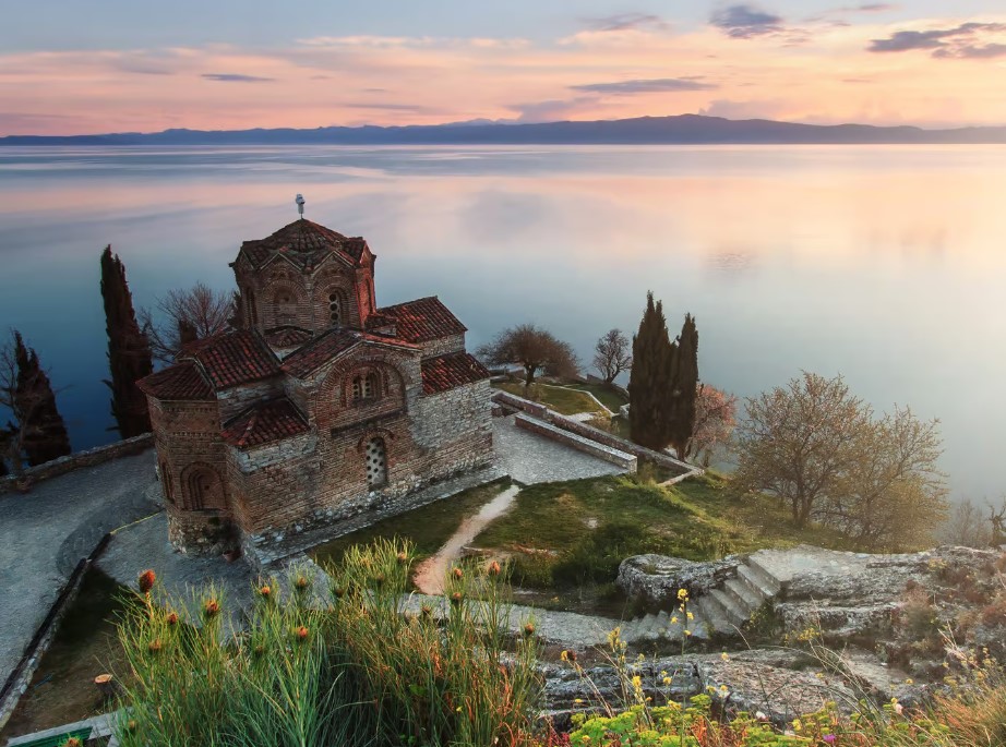 Church of St. John at Kaneo on Lake Ohrid at sunset